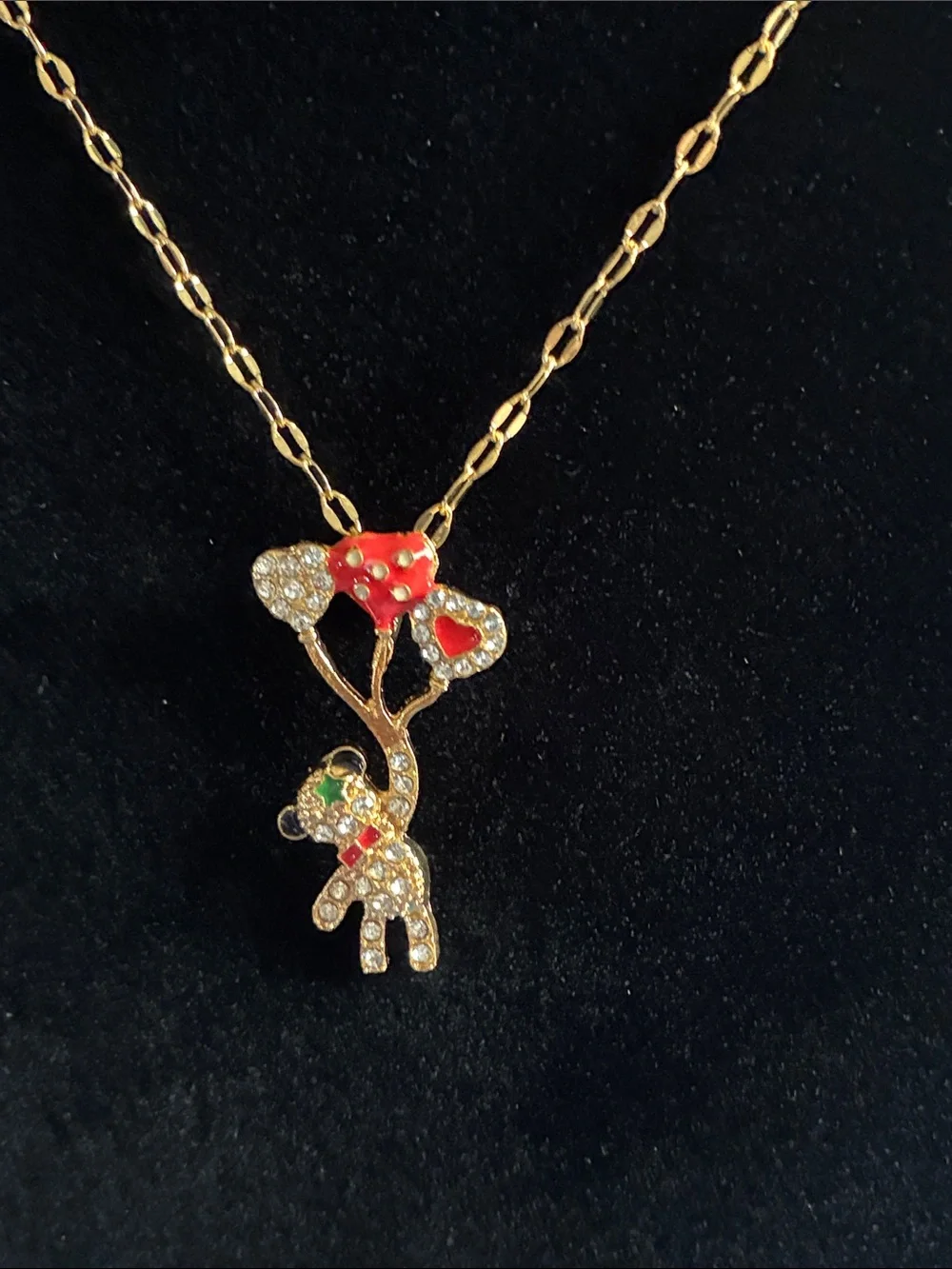 Gold-Tone Crystal Elephant Necklace with Red Heart Balloon